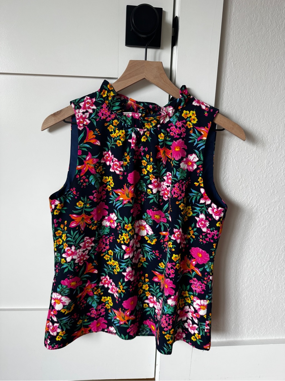 J Crew Factory Floral Sleeveless Navy Shell Top - Bright Pink & Yellow Blooms